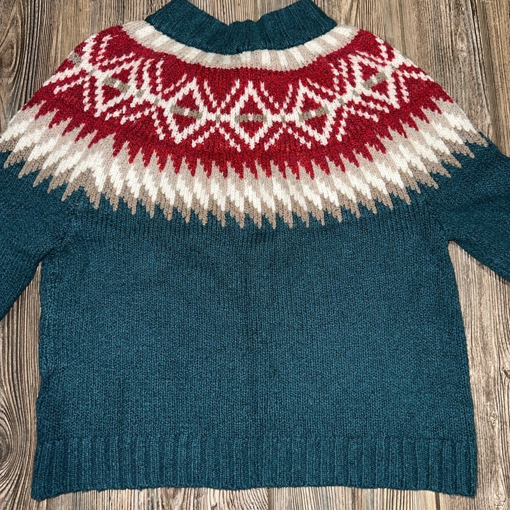 American Eagle Fair Isle Teal Tan Red Knit Sweater Mock Neck Long Sleeve Small - Picture 2 of 9